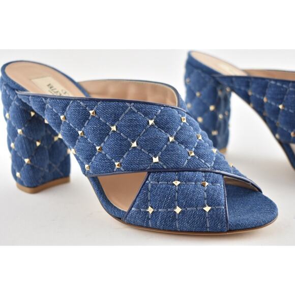 Valentino Rockstud Spike Denim Blue Mule Stud Backless Sandal Open Heel Pump 37 - Picture 5 of 12